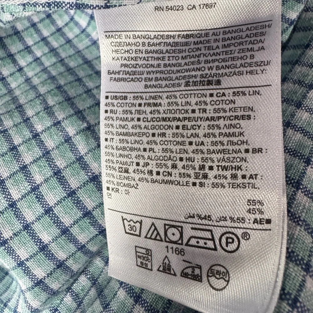 Banana Republic Slim Fit Blue & Green Plaid Linen Shirt Size Large
